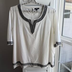 ELLOS Top Womens 3X Cream Black Embroidered Tunic 100% Cotton Cruise Resort Wear